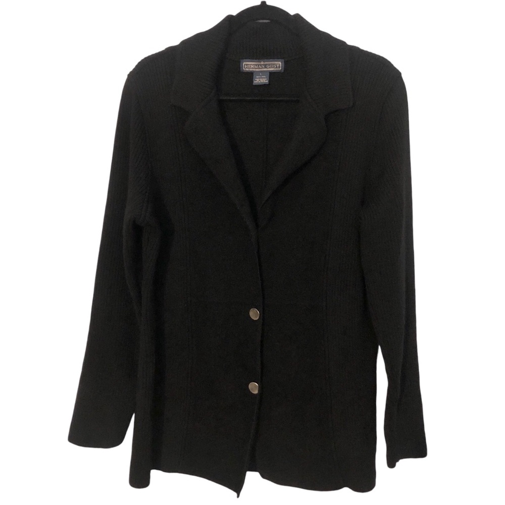 Herman Geist Vintage Black 100% Wool Collared Button Front Ribbed Cardigan